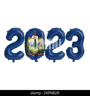 3D Abbildung von 2023 Ballons in Vermont-Flaggenfarbe isoliert auf weißem Hintergrund Stockfoto