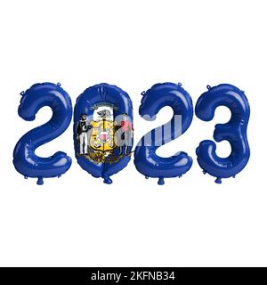 3D Abbildung von 2023 Ballons in Wisconsin-Flaggenfarbe isoliert auf weißem Hintergrund Stockfoto