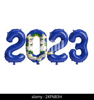 3D Illustration von 2023 Ballons in Connecticut Flaggenfarbe isoliert auf weißem Hintergrund Stockfoto