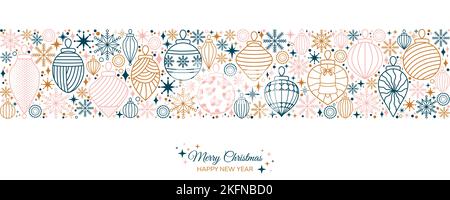 Frohe Weihnachten und ein glückliches neues Jahr horizontales Banner Design. Geometrische Weihnachtsbaum Ornamente und Schneeflocken Muster Vektor-Illustration. Website Stock Vektor