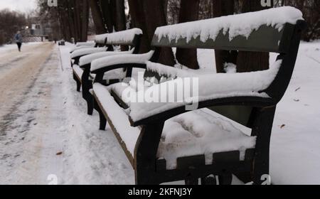 Einsame schneebedeckte Bänke im Winter im Park Stockfoto