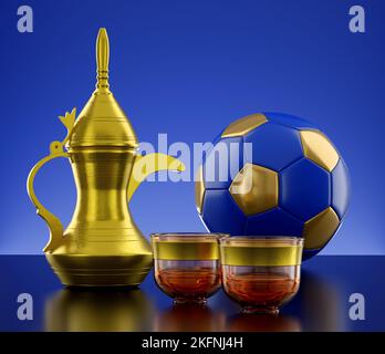 Naher Osten Arabischer Kaffee Golden Dallah Topf mit Tassen und Fußball-Ball 3D Illustration Rendern Stockfoto