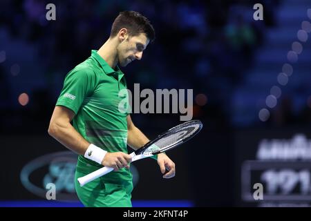 Novak Djokovic aus Serbien zeigt sich während des Halbfinalmatches zwischen Novak Djokovic aus Serbien und Taylor Fritz aus den USA am siebten Tag des Nitto ATP World Tour Finals im Pala Alpitour am 19. November 2022 in Turin, Italien Stockfoto