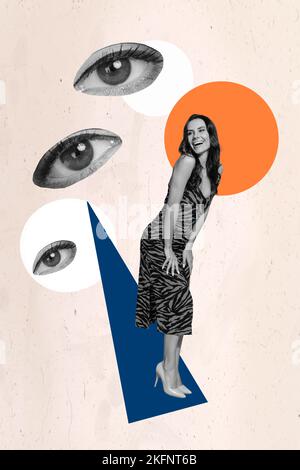 Vertikale kreative Collage Foto von liebenswert schönen beliebten Mädchen tragen Abendkleid auf rotem Teppich isoliert auf rosa Hintergrund Stockfoto