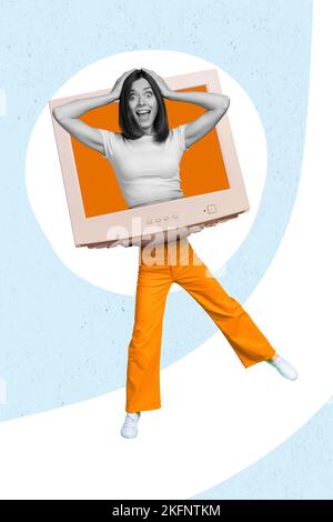 Vertikale kreative Fotocollage von beeindruckt verrückte Mädchen starrte aus Computer-Monitor Arme Kopf isoliert auf weißem Hintergrund Stockfoto