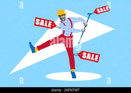 Collage Foto Einkaufen Konzept aufgeregt Kerl tanzen tragen Gentleman gemalt outift halten Stock feiern Verkauf isoliert auf blauem Hintergrund Stockfoto