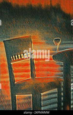 Illustration eines leeren Stuhls, eines Tisches und eines Glases Wein Stockfoto