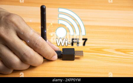 Konzept der Wi-Fi 7 oder Wi-Fi 7 Entwicklung, High-Speed-Verbindung Stockfoto
