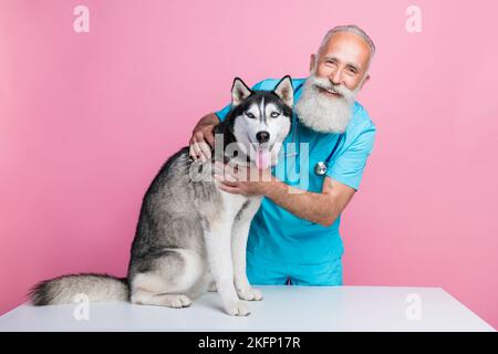 In voller Länge Foto von optimistischen freundlich pensionierten Mann gekleidet blau Uniform Stethoskop am Hals untersuchen Husky isoliert auf rosa Hintergrund Stockfoto