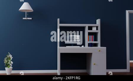 Arbeitsbereich im leeren Raum 3D Illustration, Concept Art Apartment Zimmer Innenarchitektur Arbeitsbereich 3D Rendering, Luxus modernes Schlafzimmer Hintergrunddesign ar Stockfoto
