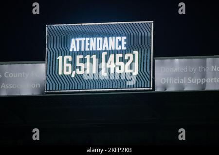 Nottingham, Großbritannien. 19.. November 2022. Ein Bundesliga-Rekord bei der Teilnahme am Vanarama National League-Spiel Notts County gegen Yeovil Town in Meadow Lane, Nottingham, Großbritannien, 19.. November 2022 (Foto von Ritchie Sumpter/Nachrichtenbilder) Kredit: Nachrichtenbilder LTD/Alamy Live News Stockfoto