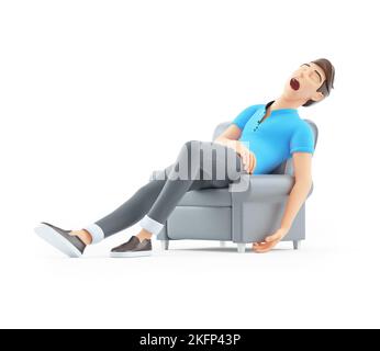 3D Mann schläft im Sessel, Illustration isoliert auf weißem Hintergrund Stockfoto