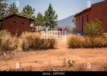 Eine Frau bereitet Essen auf einem offenen Ofen in einem abgelegenen Dorf im Nkhata Bay District, Malawi, zu Stockfoto