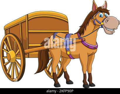 Hölzerne Kutsche mit einem Pferd niedlich Cartoon Vektor Illustration Stock Vektor