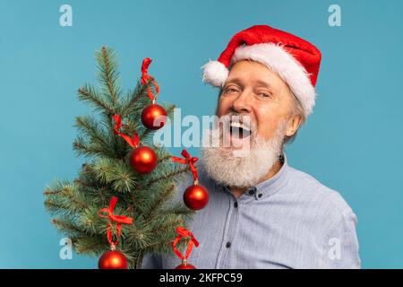 Portrait von fröhlichen, verrückten Emotionen der Weihnachtsmann schaute in die Kamera und hielt einen kleinen weihnachtsbaum auf blauem Hintergrund Stockfoto