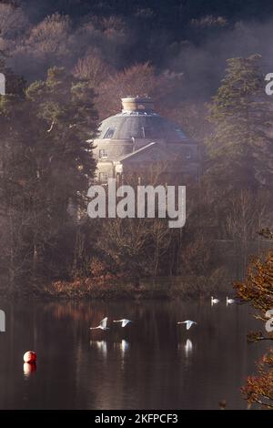 Belle Isle Round House mit Schwanen, die am Lake Windermere vorbeifliegen Stockfoto