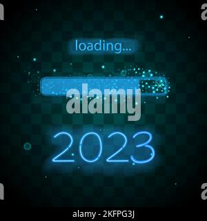 Neon-Fortschrittsbalken zeigt die Beladung von 2023 Neujahr. Vektorhintergrund. Stock Vektor