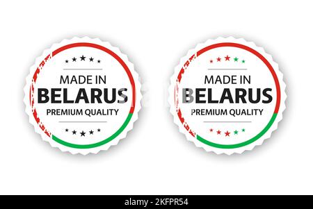Set mit zwei weißrussischen Etiketten. Hergestellt in Weißrussland. Hochwertige Aufkleber und Symbole mit Sternen. Einfache Vektordarstellung isoliert auf weißem Hintergrund Stock Vektor