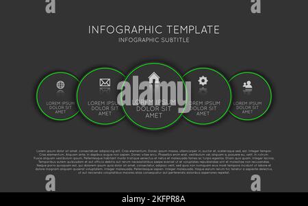 Vektor-Infografik-Vorlage mit fünf dunklen Kreisen mit Symbolen und Beschreibungen. Modernes Prozessschema auf schwarzem Hintergrund Stock Vektor