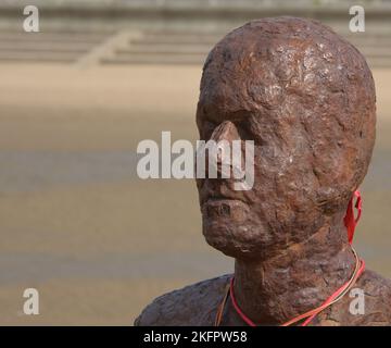 Crosby, Merseyside, UK, 09.16.3014 Skulptur von Antony Gormley „Another Place“, öffentliche Kunstinstallation am Crosby Beach in der Nähe von Liverpool. Nahaufnahme der Luftröhre Stockfoto