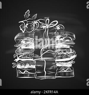 Skizze Illustration von Sandwiches und Kirschtomaten. Handgezeichnetes Symbol auf der Tafel Stock Vektor