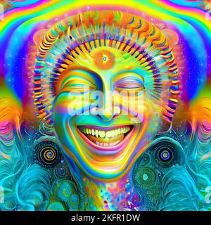 Eine digitale Darstellung eines farbenfrohen, psychedelischen Regenbogens vor einem mystischen Gesicht einer menschlichen Figur Stockfoto