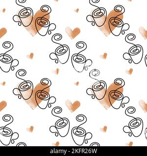 Nahtloses Muster aus der Konturzeichnung einer Tasse mit fließendem Dampf und deferenten Herzen in trendigen Kaffeetönen. Isolieren. Vektor. EPS Geeignet für Werbung, Stoff oder Poster, Menü, Banner, Hintergrund Stock Vektor