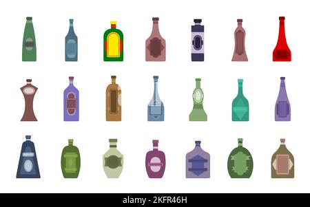 Cartoon-Icon-Set für eine Flasche alkoholisches Getränk. Symbol für das Restaurant Pub JAR. Verschiedene Formen von Glaskolben für Wodka, Whiskey, Soda, Bier, Wasser, Brandy und andere alkoholische Getränke, flüssiges Produkt Stock Vektor