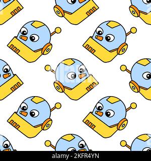 Eine digitale Illustration eines nahtlosen Musters niedlicher Roboter auf weißem Hintergrund Stock Vektor