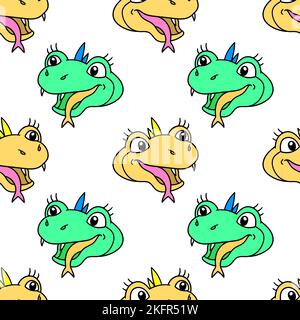 Eine digitale Illustration eines nahtlosen Musters von süßen Eidechsengesichtern auf weißem Hintergrund Stock Vektor
