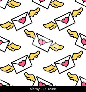 Eine digitale Illustration eines nahtlosen Musters süßer fliegender Liebesbriefe auf weißem Hintergrund Stock Vektor