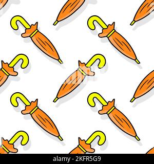 Eine digitale Illustration eines nahtlosen Musters aus süßen orangefarbenen Regenschirmen auf weißem Hintergrund Stock Vektor