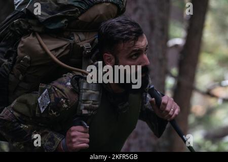 Ein Soldat der italienischen Armee mit der Alpini-Brigade zieht einen Berg hinauf, neben Fallschirmjägern der US-Armee, die dem 1. Bataillon, 503. Fallschirmjäger-Regiment, zugewiesen wurden, um während des Bergkriegstrainings im Rahmen der Übung Summer Resolve in der Provinz Bozen, Italien, am 2. Oktober 2022 einen Beobachtungsposten einzurichten. Übung Alpine Star ist eine jährliche, von der italienischen Armee veranstaltete, multinationale und mehrphasige Trainingsübung zur Berg- und Arktischen Kriegsführung. Aufklärer der Luftbrigade 173. integrieren sich in ausgewählte Unternehmen der Alpini-Brigade der italienischen Armee, um techniqu zu lernen Stockfoto