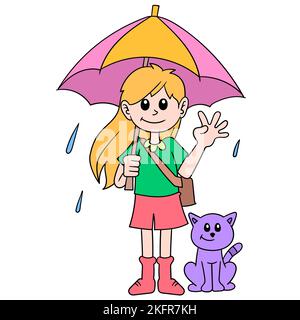 Ein Vektorbild einer süßen Cartoon-Figur eines Mädchens, das mit seiner Katze im Regen läuft Stock Vektor