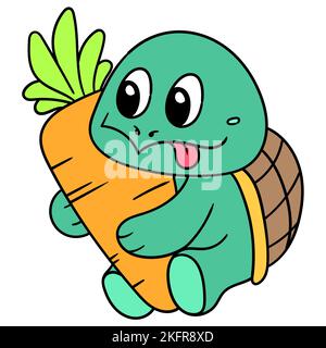 Eine digitale Illustration einer süßen Cartoon-Schildkröte mit einer Karotte auf weißem Hintergrund Stock Vektor