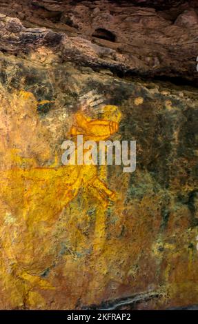 Detail eines Kängurus, das auf einem Felsgemälde der Aborigines im Burrungkuy (Nourlangie) Rock Art Site im Kakadu National Park, Northern Territory, dargestellt ist, Stockfoto