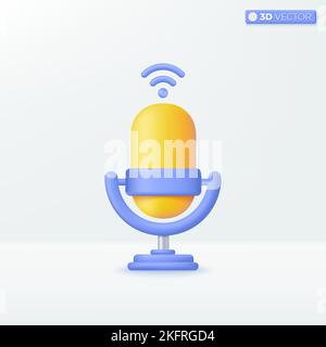 Gelbes Mikrofon auf dem Ständer und WiFi-Symbol-Symbole. Ausrüstung für Audioübertragungen, Musik, Karaoke, Aufnahme, Studio-Konzept. 3D Vektor isolierte Illust Stock Vektor