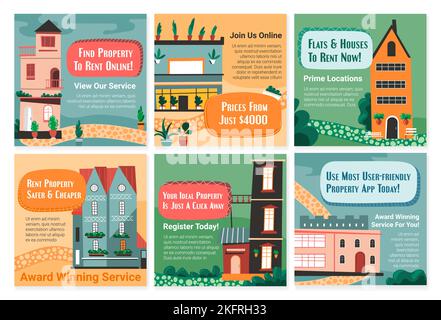 Social-Media-Web-Post-Set mit Immobilien mieten App Stock Vektor