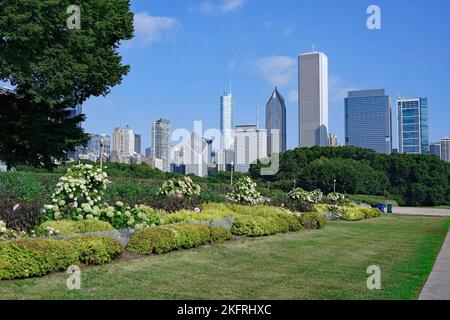 Skyline von Chicago vom Grant Park aus gesehen Stockfoto