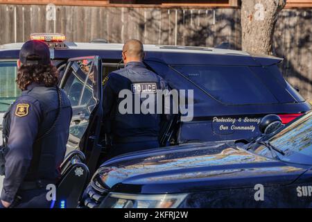 Berkeley, Usa. 19.. November 2022. Ein Polizist arbeitete an dem Fall. Ein Verdächtiger einer Verkehrsverletzung wurde von sieben Polizeifahrzeugen überfahren und von der Polizeibehörde von Berkeley verhaftet. Kredit: SOPA Images Limited/Alamy Live Nachrichten Stockfoto