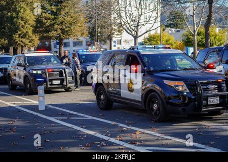 Berkeley, Usa. 19.. November 2022. Polizist arbeitete an dem Fall und Polizeifahrzeuge parkten auf der Straße. Ein Verdächtiger einer Verkehrsverletzung wurde von sieben Polizeifahrzeugen überfahren und von der Polizeibehörde von Berkeley verhaftet. (Foto von Michael Ho Wai Lee/SOPA Images/Sipa USA) Quelle: SIPA USA/Alamy Live News Stockfoto