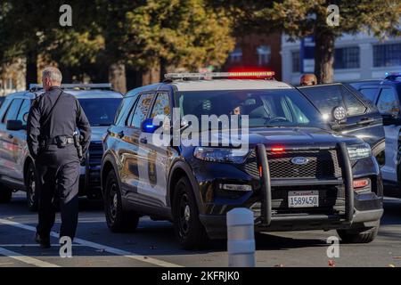 Berkeley, Usa. 19.. November 2022. Polizist arbeitete an dem Fall und Polizeifahrzeuge parkten auf der Straße. Ein Verdächtiger einer Verkehrsverletzung wurde von sieben Polizeifahrzeugen überfahren und von der Polizeibehörde von Berkeley verhaftet. (Foto von Michael Ho Wai Lee/SOPA Images/Sipa USA) Quelle: SIPA USA/Alamy Live News Stockfoto