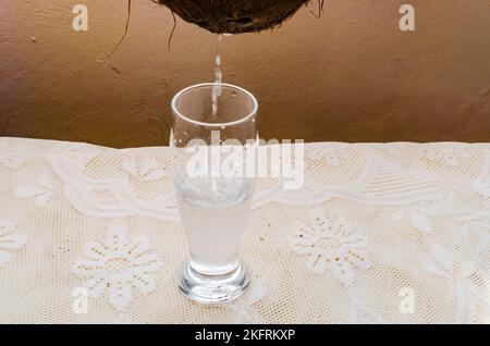 Kokoswasser wird aus der getrockneten Steinkohl in ein transparentes Trinkglas gegossen. Stockfoto