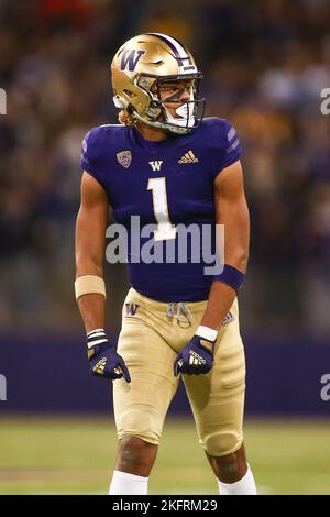 Seattle, WA, USA. 19.. November 2022. Washington Huskies Wide Receiver Rome Odunze (1) während eines NCAA-Fußballspiels zwischen den Colorado-Büffeln und Washington Huskies im Husky Stadium in Seattle, WA. Sean Brown/CSM/Alamy Live News Stockfoto