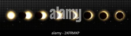 Sonnenfinsternis in verschiedenen Phasen. Kosmos mit Mond und Sonne in totaler und partieller Sonnenfinsternis und Sternen isoliert auf transparentem Hintergrund, Vektor RE Stock Vektor