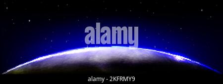 Erde oder ein anderer Planetenrand im Sonnenaufgangslicht auf dem Hintergrund des schwarzen Himmels mit Sternen. Weltraum mit Planetenglobus mit blauem Leuchten der Atmosphäre auf hor Stock Vektor