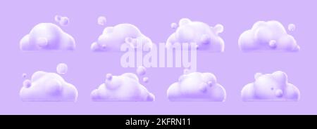 3D Render weiße Wolken, süße flauschige Spindrift abgerundete Cumulus Wirbel. Fliegendes Wetter und Natur Design Elemente Ballons isoliert auf Hintergrund, vecto Stock Vektor