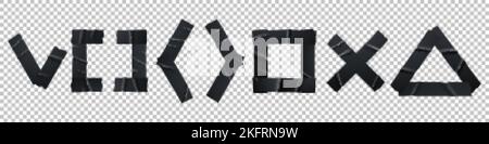 Schwarzes Klebeband, klebrige Streifen isoliert auf transparentem Hintergrund. Scotch Stücke mit Falten geklebt in Form von Quadrat, Kreuz, Klammern und Check Stock Vektor