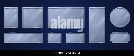 Stahlspielschilder, Namensschilder, leere Silbertafeln mockup. Glänzende Metallanhänger oder -Abzeichen, quadratische runde und rechteckige Namensschilder, Gamer-ui-Menü oder -App Stock Vektor