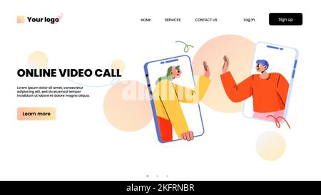 Online-Videoanrufsbanner mit Mann und Frau auf dem Handy-Bildschirm, die einander hohe fünf geben. Konzept des Online-Meetings von Freunden oder Teams, vect Stock Vektor